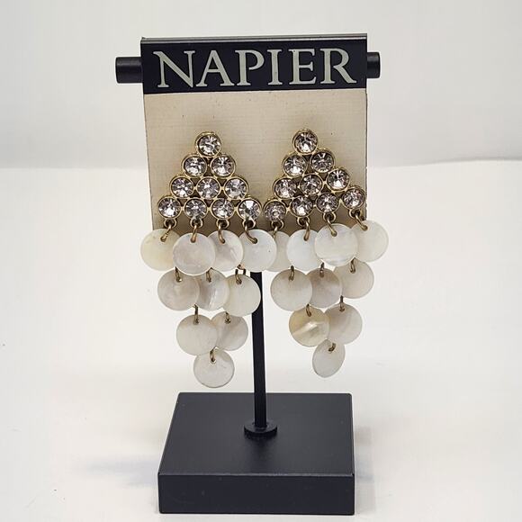 Napier Mother of Pearl Crystal Gold Tone Chandelier Earrings Post Statement - Picture 1 of 4